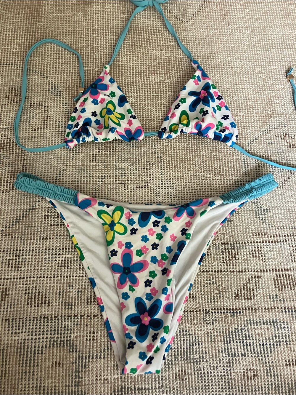Blackbough White Floral Two-Piece Bikini with Aqua Straps